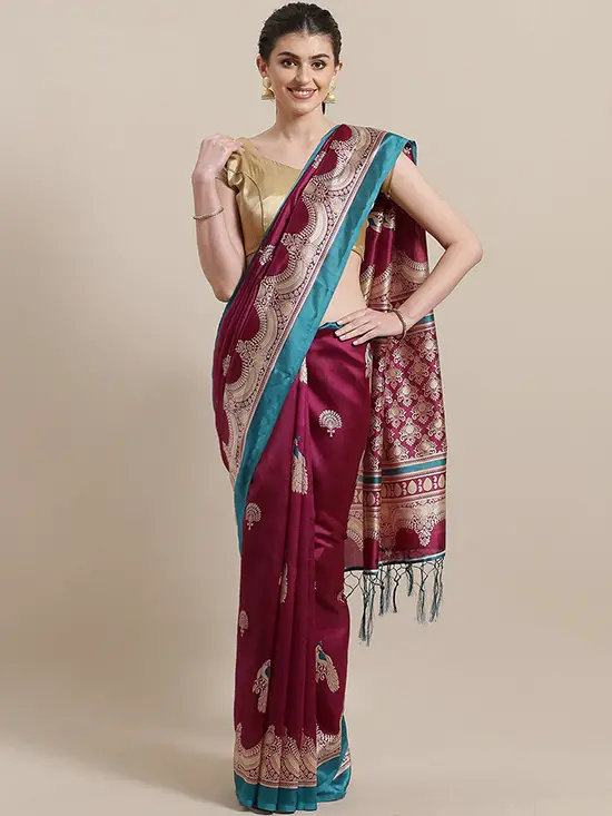 Magenta & Beige Printed Mysore Silk Saree