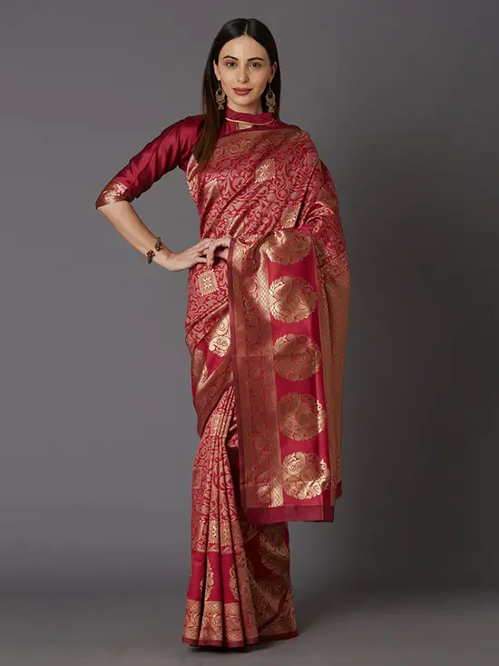 Magenta & Gold Coloured Silk Blend Woven Design Kanjeevaram Saree