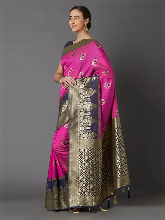 Magenta & Gold-Coloured Silk Blend Woven Design Kanjeevaram Saree