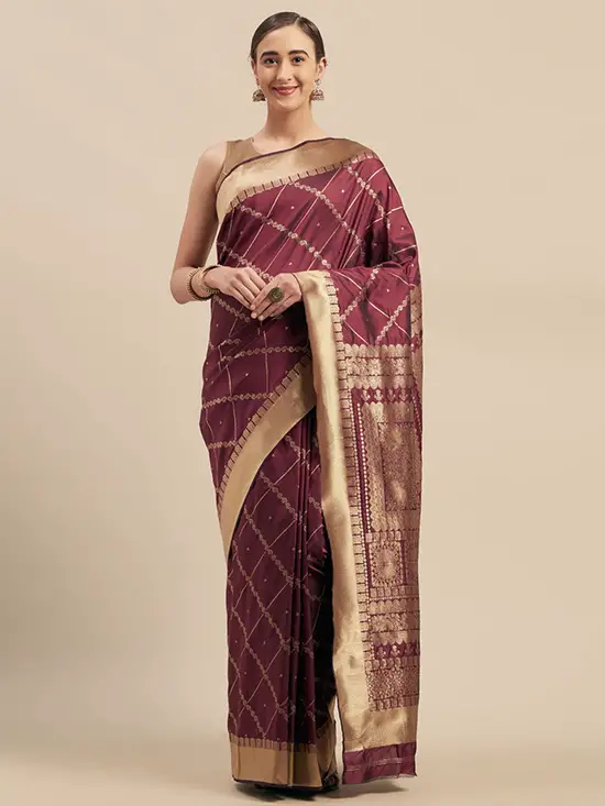 Magenta & Gold-Coloured Silk Blend Woven Design Saree