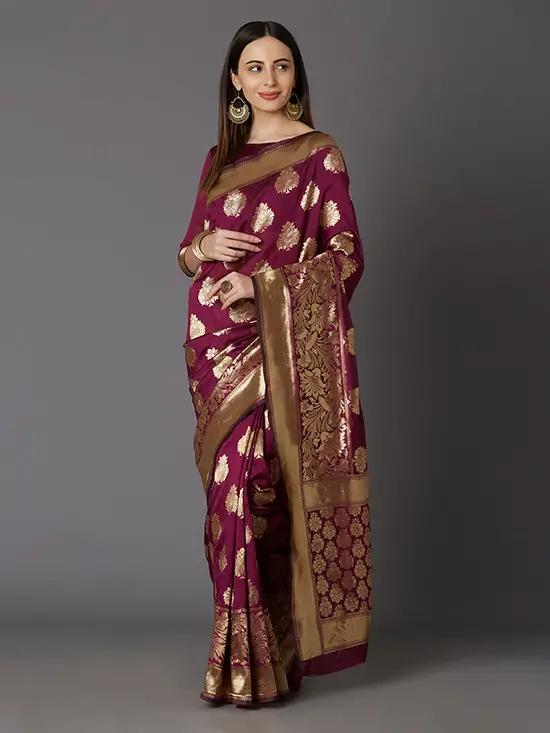 Magenta & Golden Silk Blend Woven Design Kanjeevaram Saree