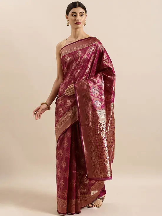 Magenta Pink & Golden Art Silk Woven Design Saree