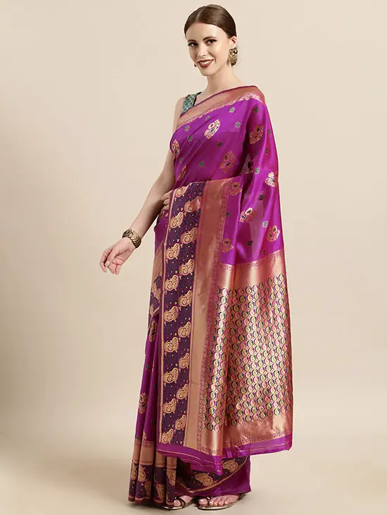 Magenta Pink & Golden Poly Silk Woven Design Banarasi Saree