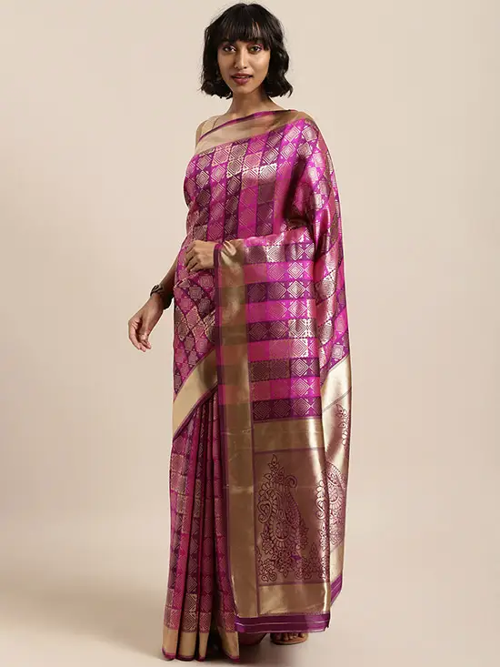 Magenta Pink Silk Blend Woven Design Banarasi Saree