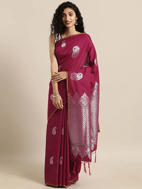 Magenta Pink & Silver-Coloured Poly Silk Woven Design Kanjeevaram Saree
