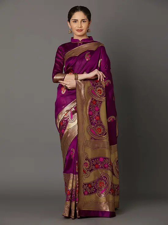 Magenta Silk Blend Woven Design Kanjeevaram Saree