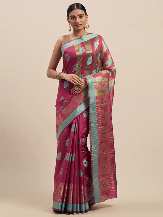 Magenta Silk Cotton Woven Design Kanjeevaram Saree
