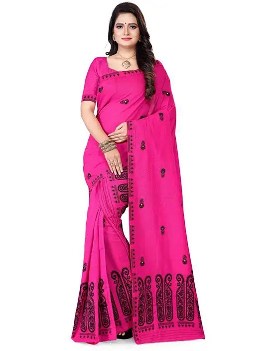 Mekhela Chador Cotton Blend Saree Pink