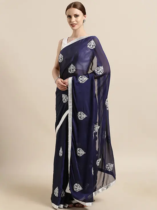 Navy Blue & Silver-Toned Satin Embellished & Embroidered Saree