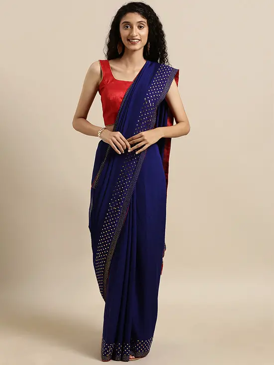 Navy Blue Solid Vichitra Poly Silk Saree with Embellished Border