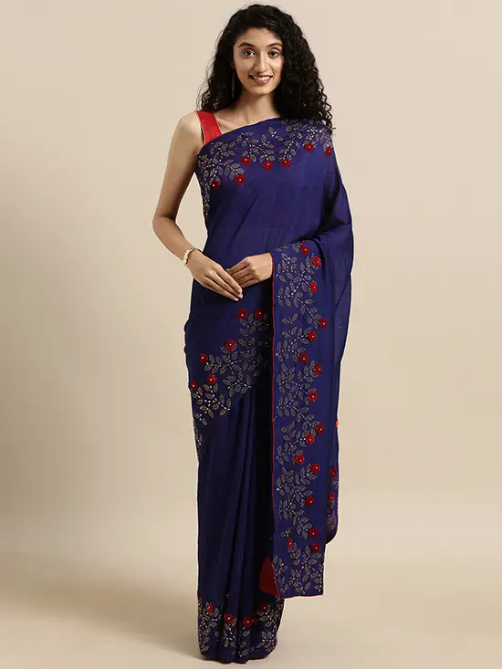 Navy Blue Vichitra Poly Silk Solid Saree with Embellished Border