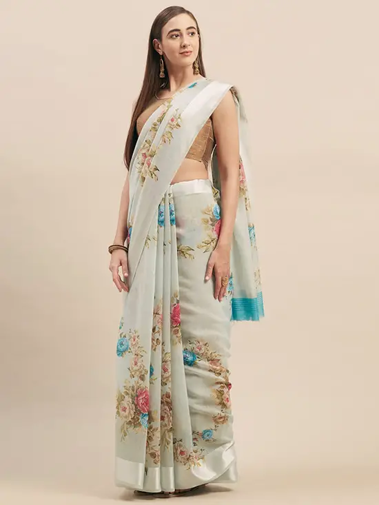 Off White & Blue Linen Blend Printed Saree
