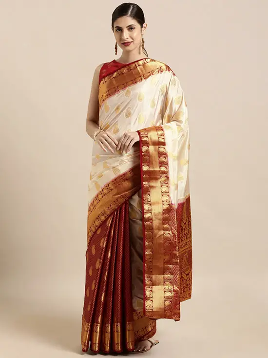 Off White & Gold-Toned Art Silk Woven Design Kanjeevaram Saree