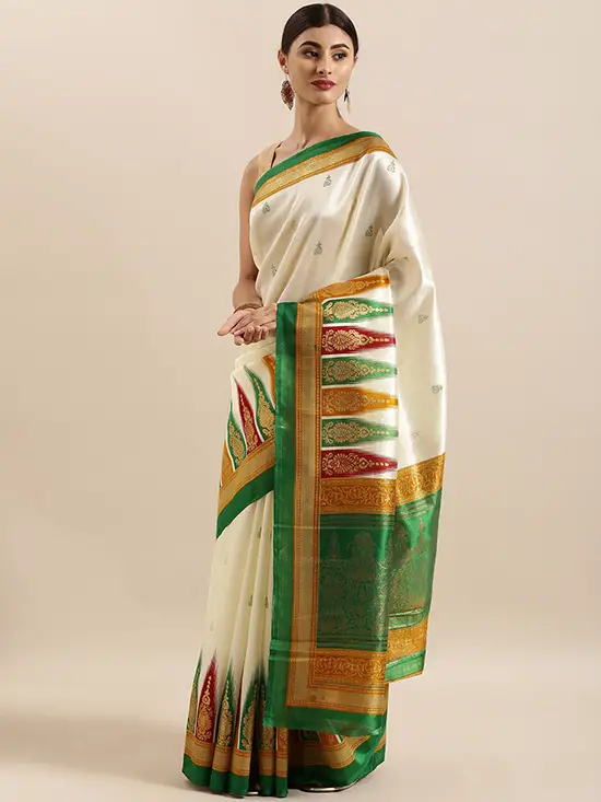 Off White & Green Art Silk Printed Mysore Silk Saree