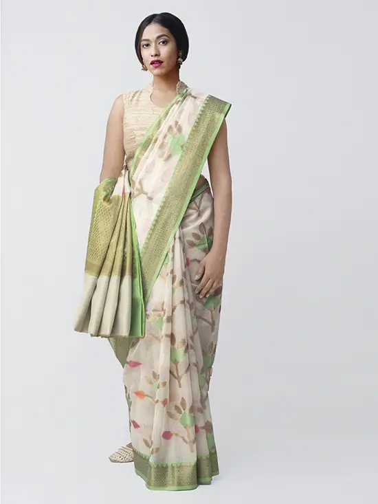 Off White & Green Silk Cotton Woven Design Banarasi Saree