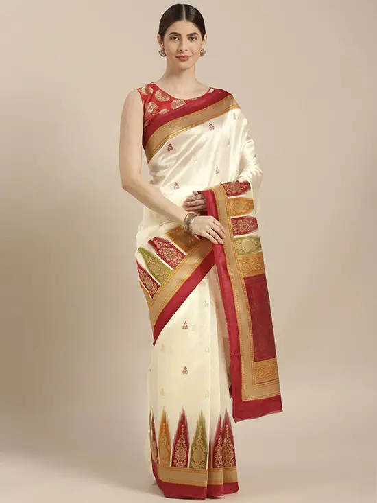 Off White & Maroon Art Silk Printed Mysore Silk Saree