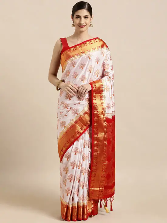 Off White & Orange Art Silk Woven Design Kanjeevaram Saree