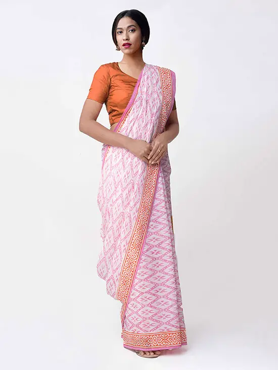 Off White & Pink Pure Cotton Printed Saree