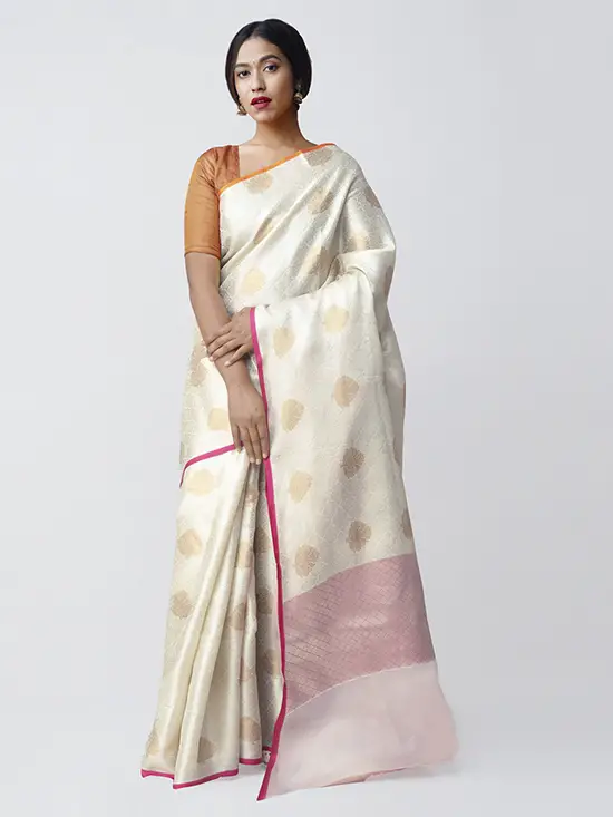 Off White & Pink Silk Cotton Woven Design Banarasi Saree