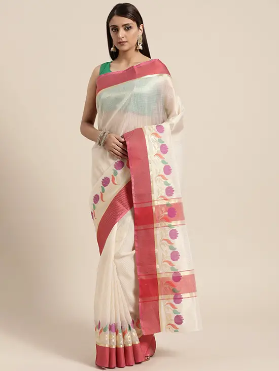Off White & Pink Woven Design Banarasi Saree