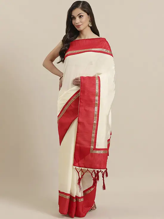 Off White & Red Solid Saree