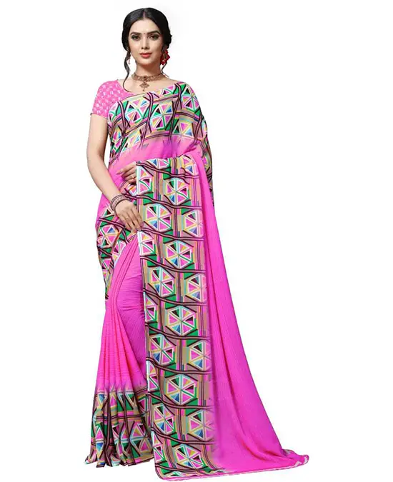 Ombre, Geometric Print Daily Wear Georgette Pink Saree