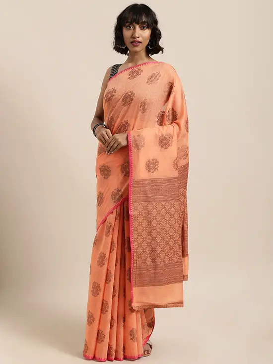 Peach Coloured Cotton Blend Woven Design Chanderi Saree