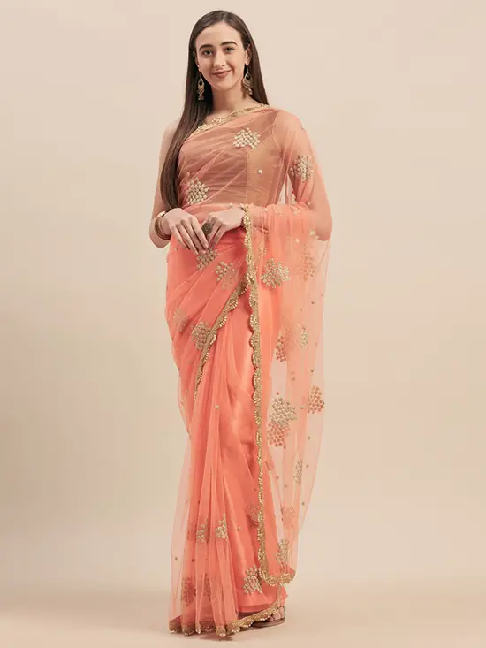 Peach Coloured Embellished Net Saree