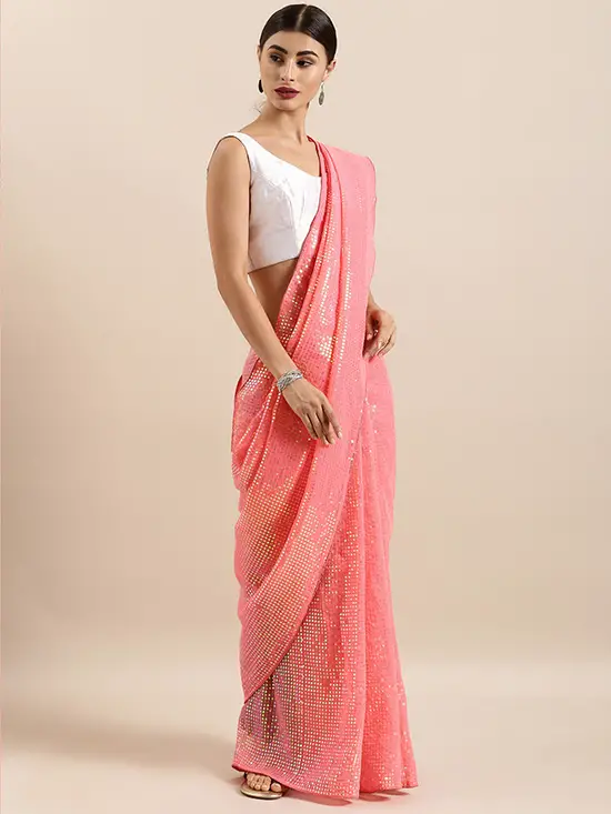 Peach Coloured Embellished Poly Georgette Saree