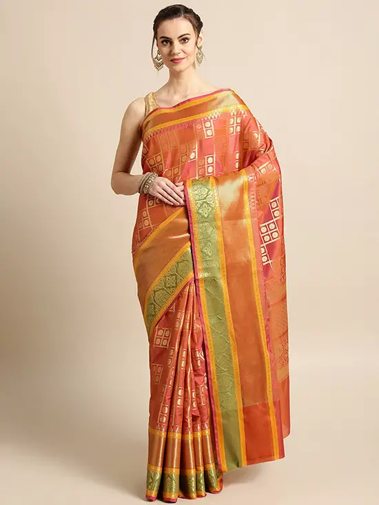Peach Coloured & Golden Woven Design Banarasi Saree
