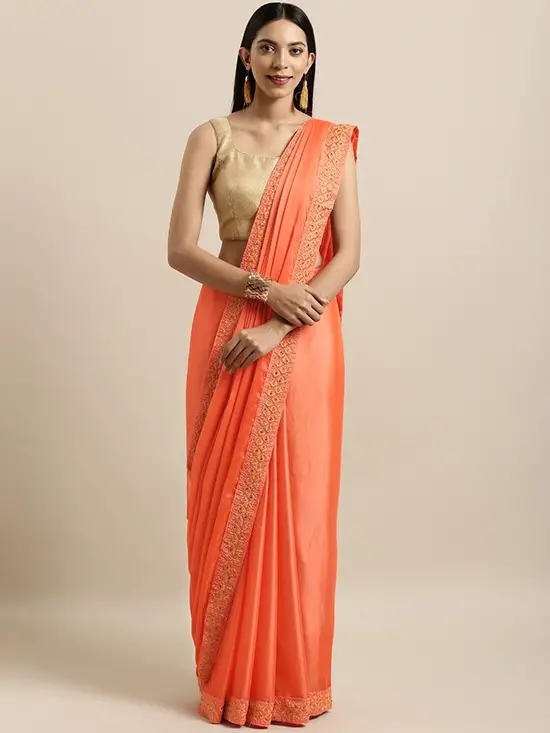 Peach Coloured Solid Poly Georgette Saree