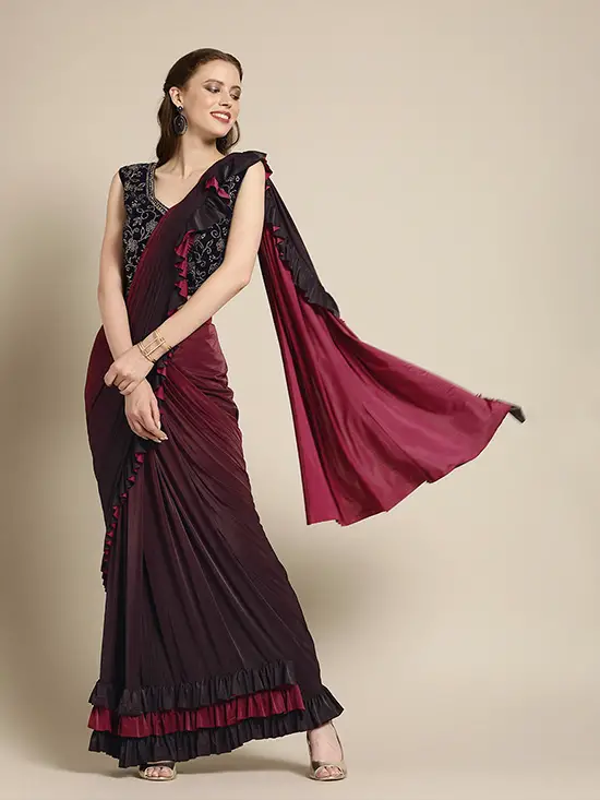 Poly Georgette Ombre Burgundy & Red Saree