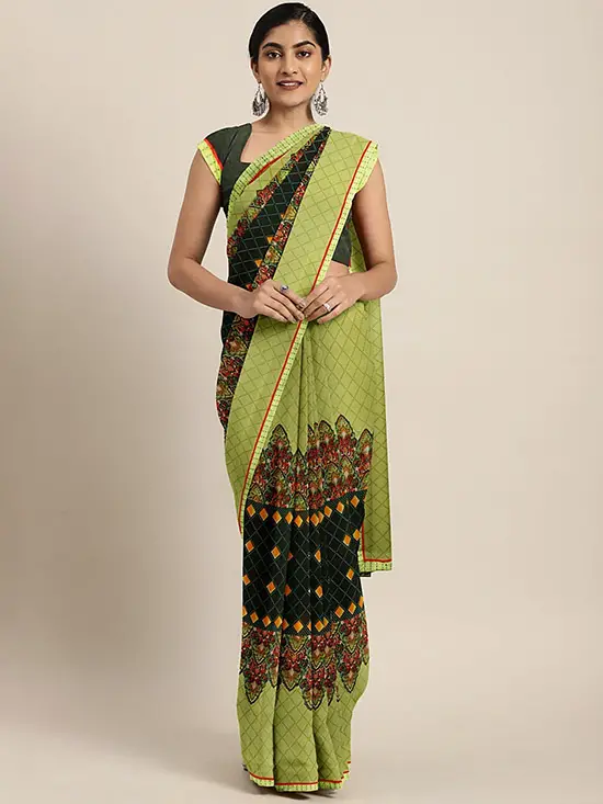 Poly Georgette Printed Lime Green & Mustard Yellow Saree