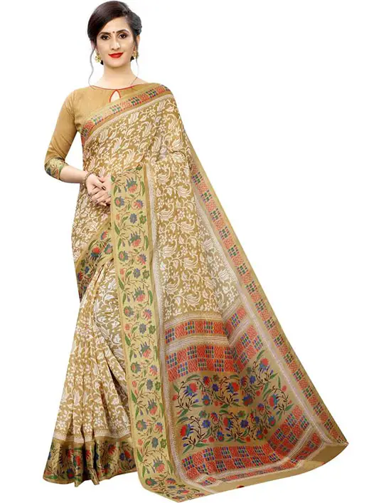 Printed Bollywood Cotton Linen Blend Cream Colour Saree