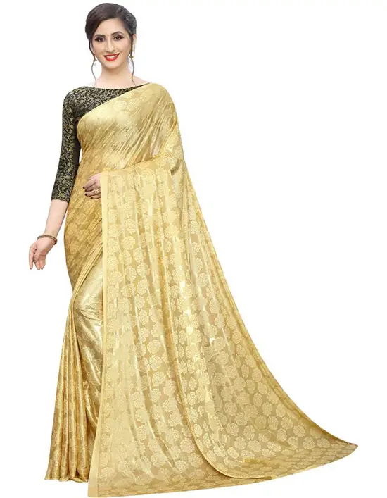 Printed Bollywood Lycra Blend Gold Color Saree