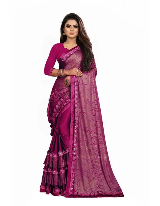 Printed Bollywood Lycra Blend Purple Saree