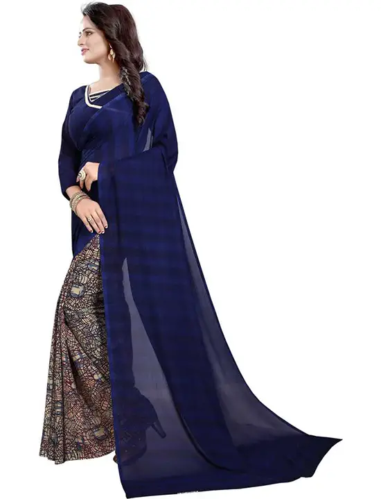 Printed Daily Wear Poly Georgette Navy Blue Saree