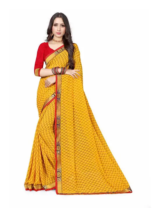 Printed Daily Wear Poly Georgette Yellow Saree