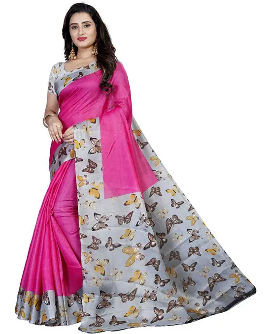 Printed Kalamkari Cotton Blend Pink Saree