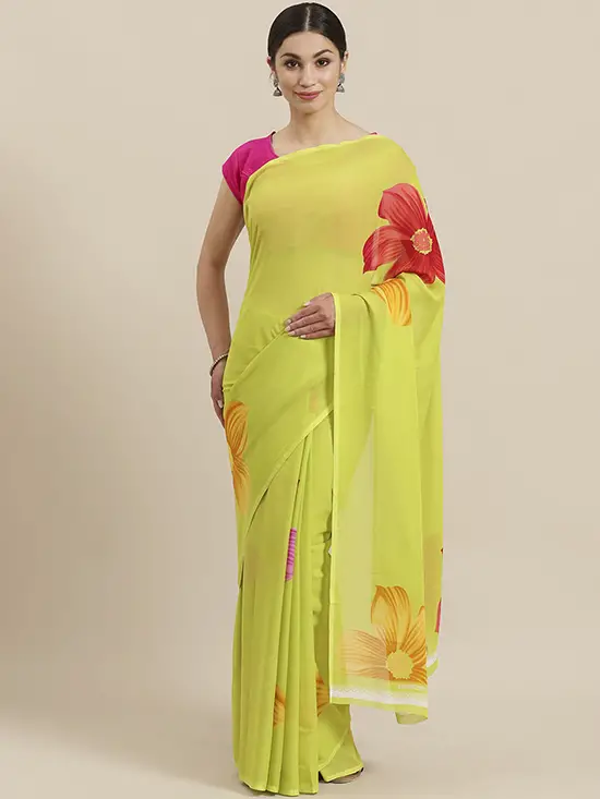 Printed Lime Green & Red Saree