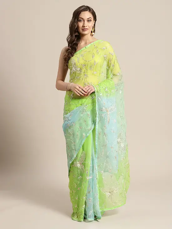 Pure Chiffon Embroidered Lime Green & Green Saree