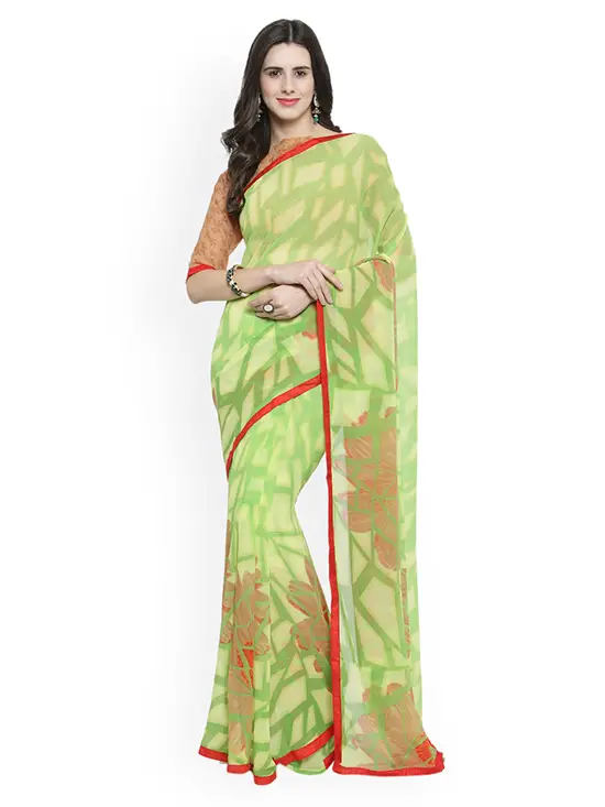 Pure Georgette Printed Lime Green & Red Saree