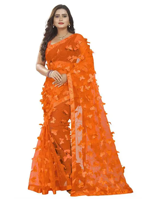 Self Design Bollywood Net Orange Saree