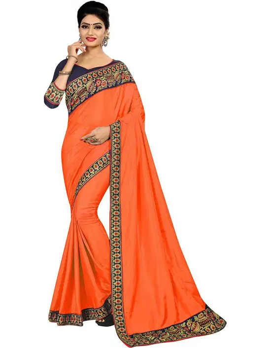 Self Design Bollywood Silk Blend Orange Saree