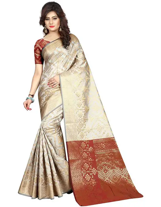 Self Design, Embellished Banarasi Poly Silk Cream Colour Saree