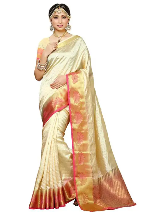  Self Design, Embellished, Woven Kanjivaram Tussar Silk Cream Colour Saree