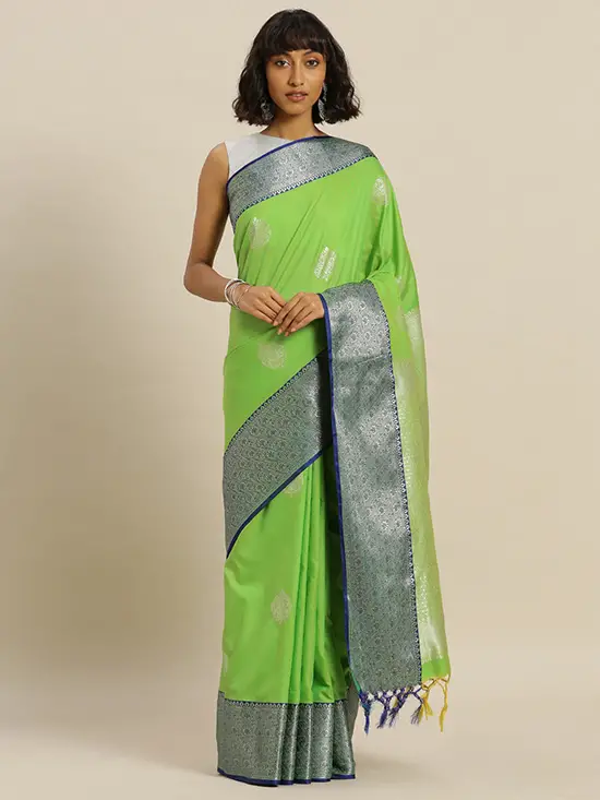 Silk Blend Woven Design Banarasi Fluorescent Green & Silver-Toned Saree