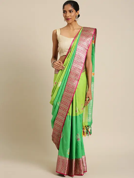 Silk Blend Woven Design Kanjeevaram Fluorescent Green & Pink Saree
