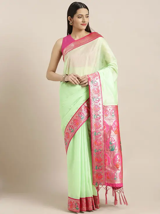 Silk Cotton Solid Banarasi Fluorescent Green & Pink Saree