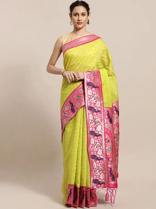 Silk Cotton Woven Design Fluorescent Green & Pink Saree